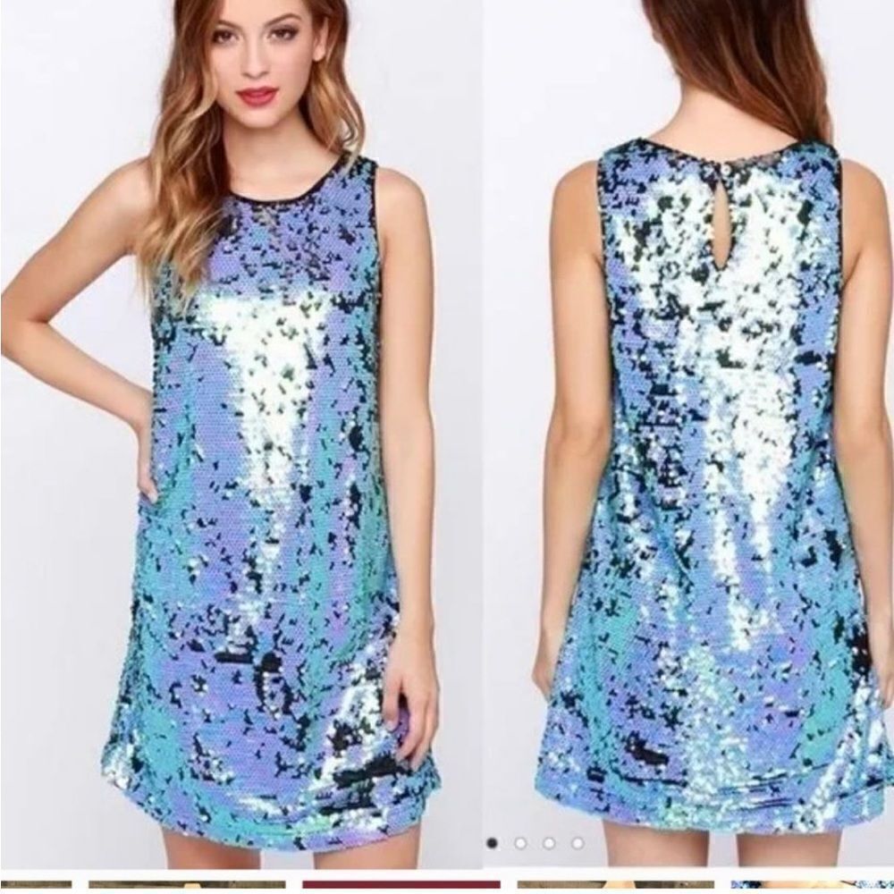 Honey Punch Black/ Blue, Aqua Sequins Change of Color Mini Dress Size M - Picture 4 of 12